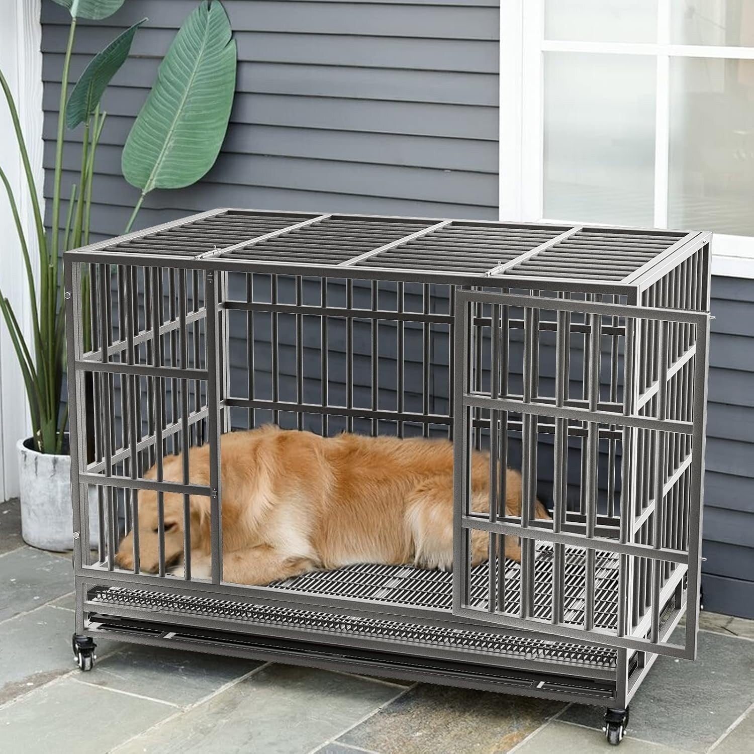 BOSSIN 48/38 inch Heavy Duty Indestructible Dog Crate, Escape Proof Dog Cage Kennel with Lockable Wheels