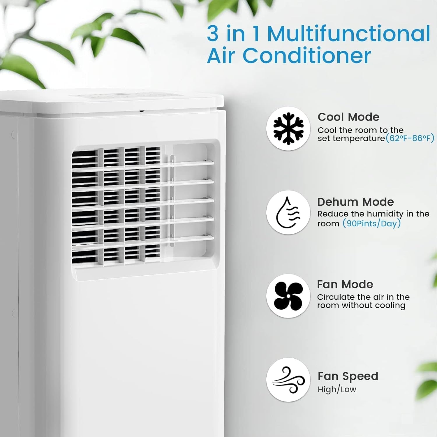 Bossin 8000BTU (Ashrae), 5000BTU(SACC) 3-in-1 Portable Air Conditioners with Remote Control,Quiet Room Portable AC Cooler - 880v