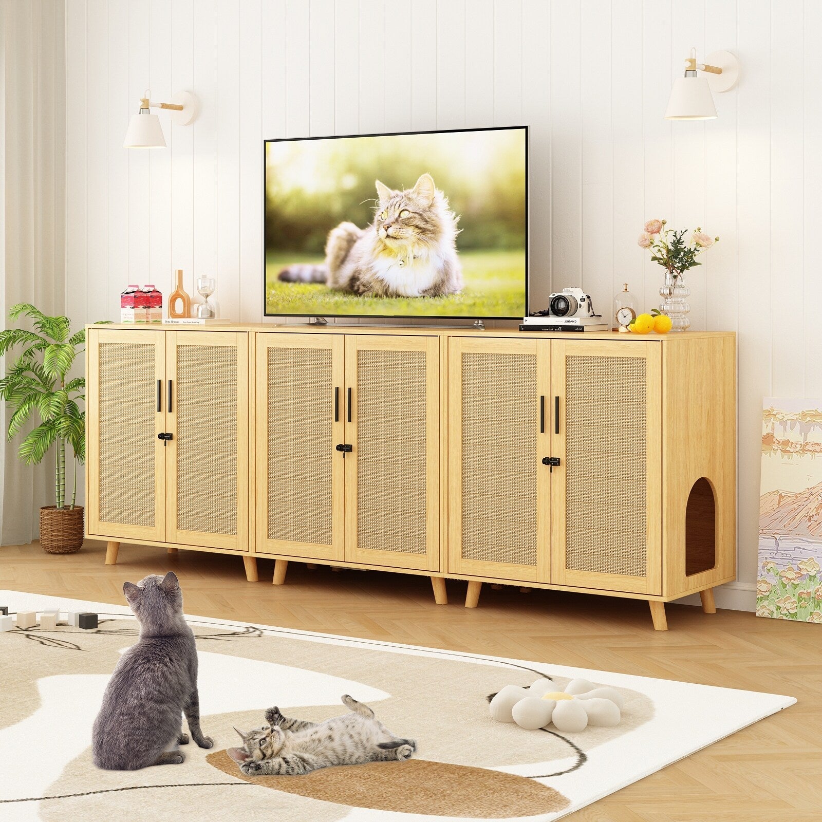 Cat Litter Box Enclosure Cat House Side Table Door Cabinet Bookcase