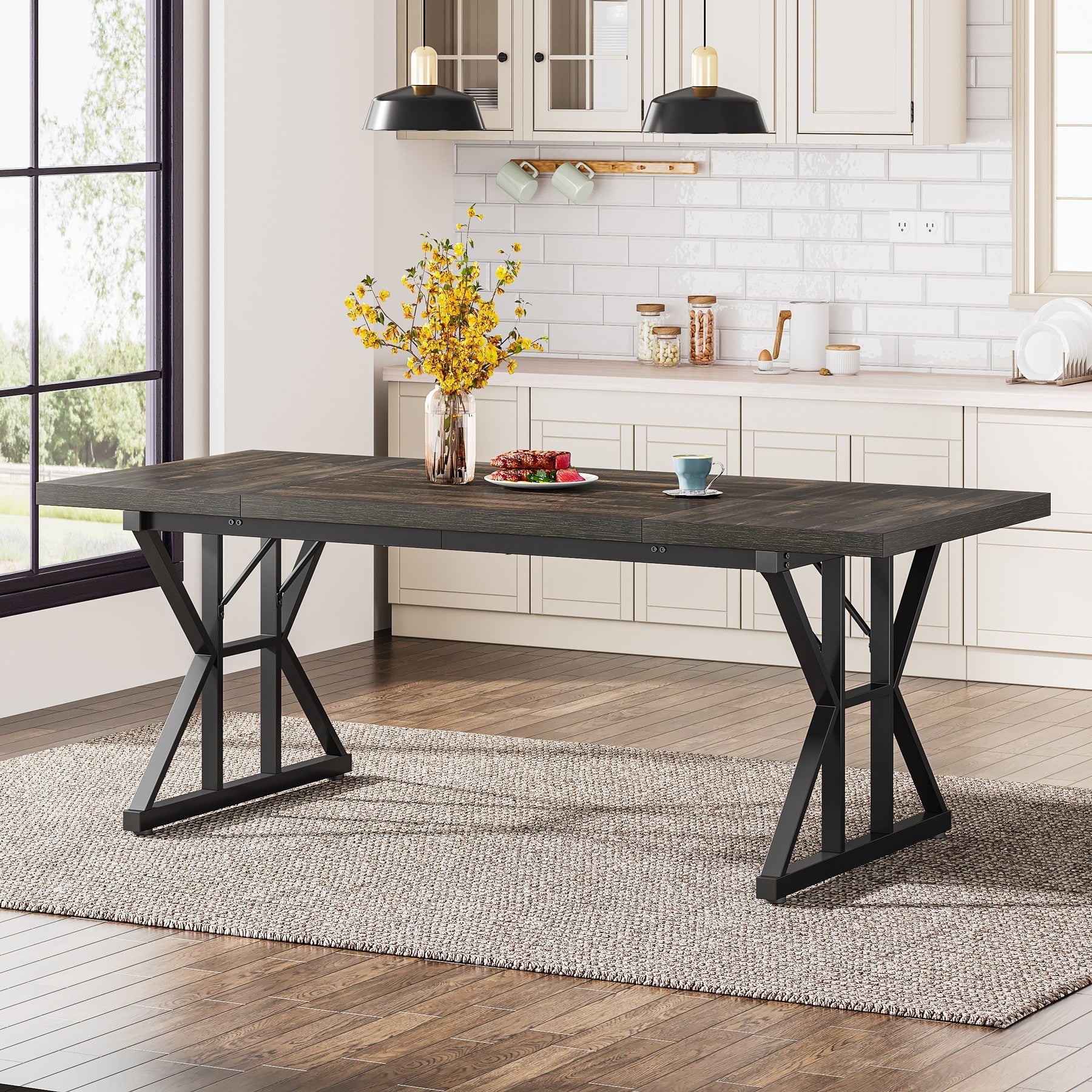 Farmhouse Dining Table for 6 People, 70.8-Inch Rectangular Wood Kitchen Table