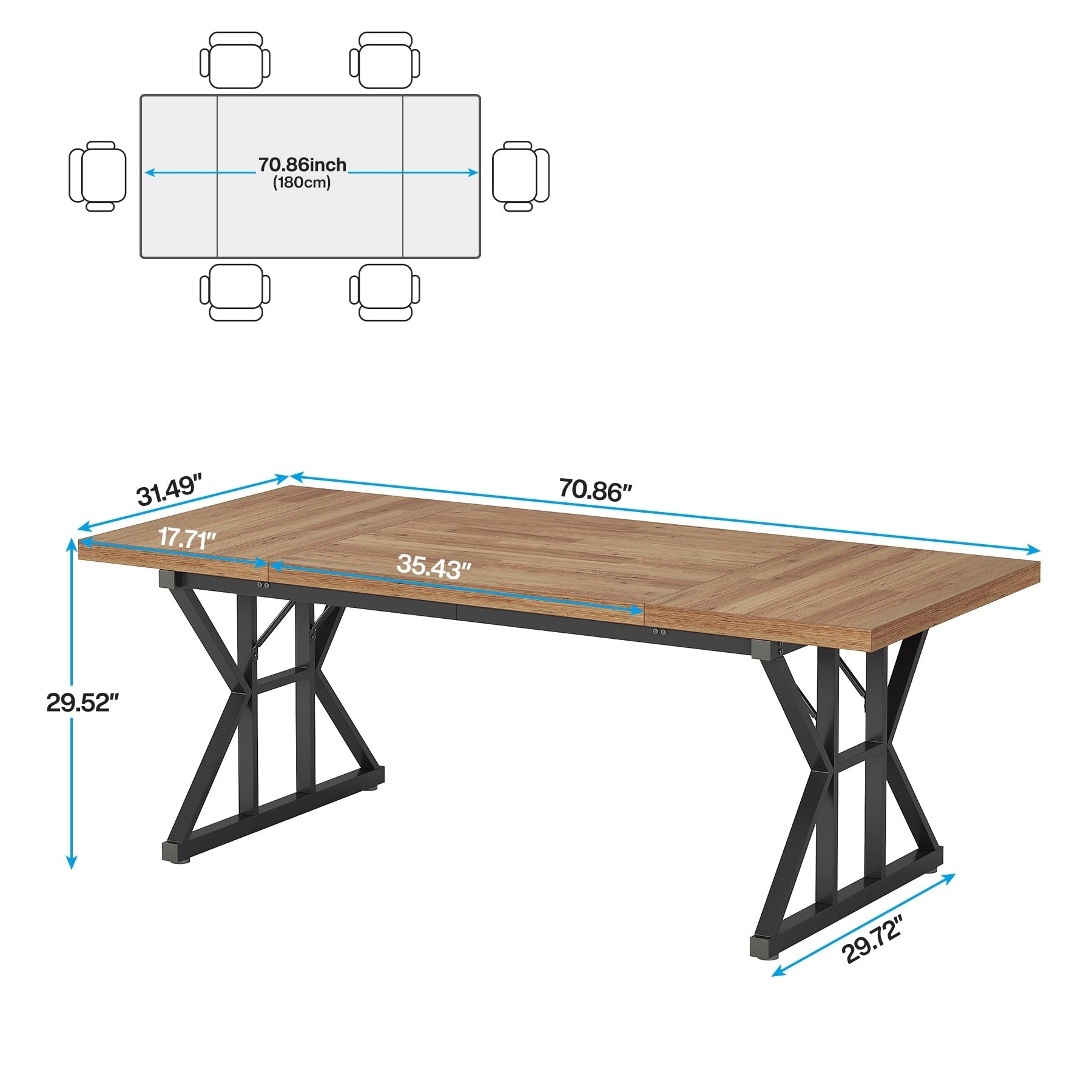 Farmhouse Dining Table for 6 People, 70.8-Inch Rectangular Wood Kitchen Table