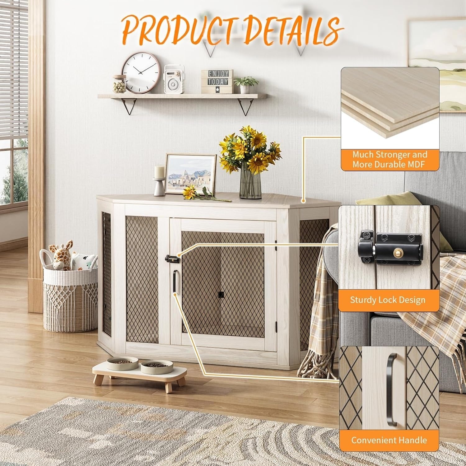 BOSSIN Corner Dog Crate Furniture,44/52 inch Wooden Dog Kennel Furniture with Mesh,Decorative Wood Dog House for Indoor use