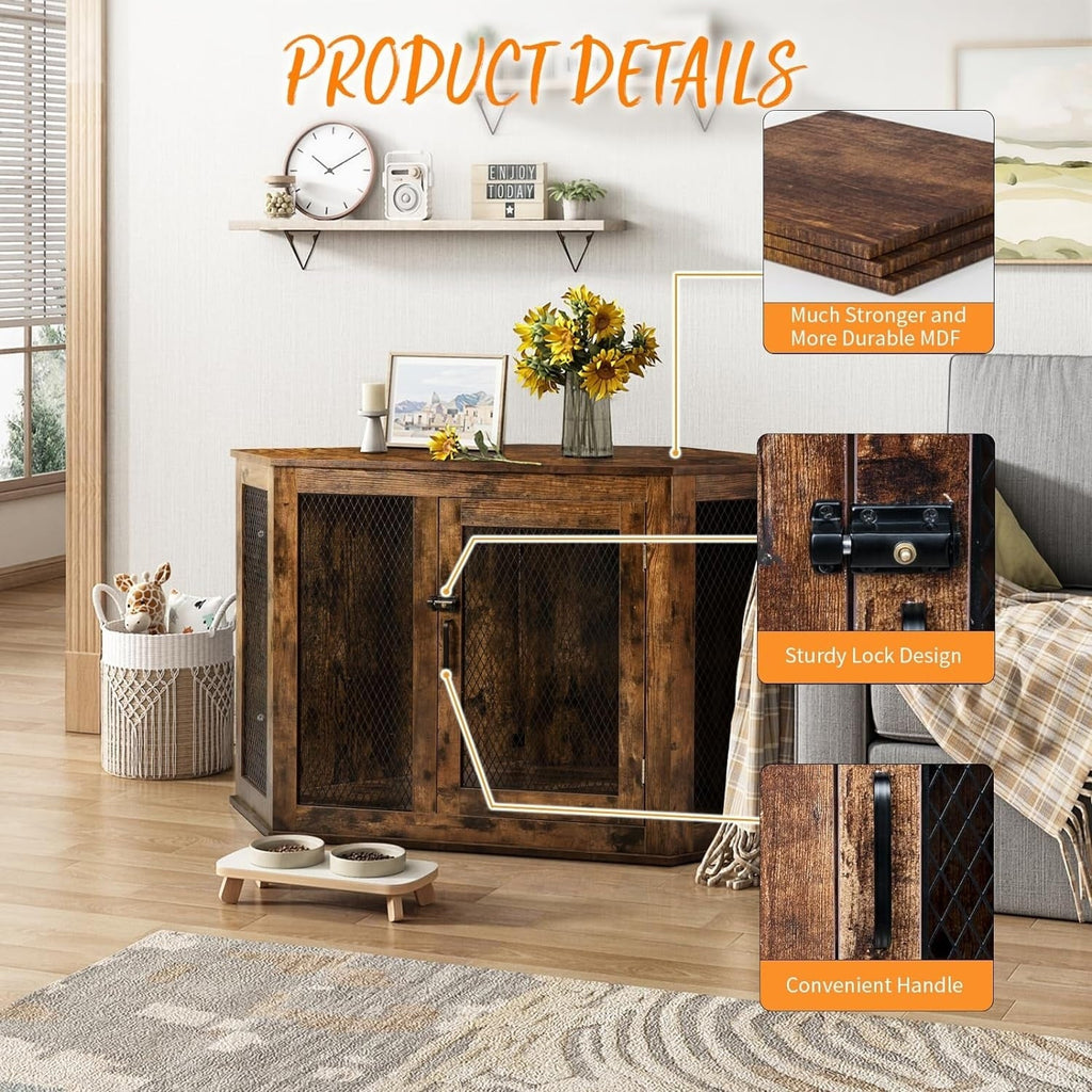 BOSSIN Corner Dog Crate Furniture,44/52 inch Wooden Dog Kennel Furniture with Mesh,Decorative Wood Dog House for Indoor use
