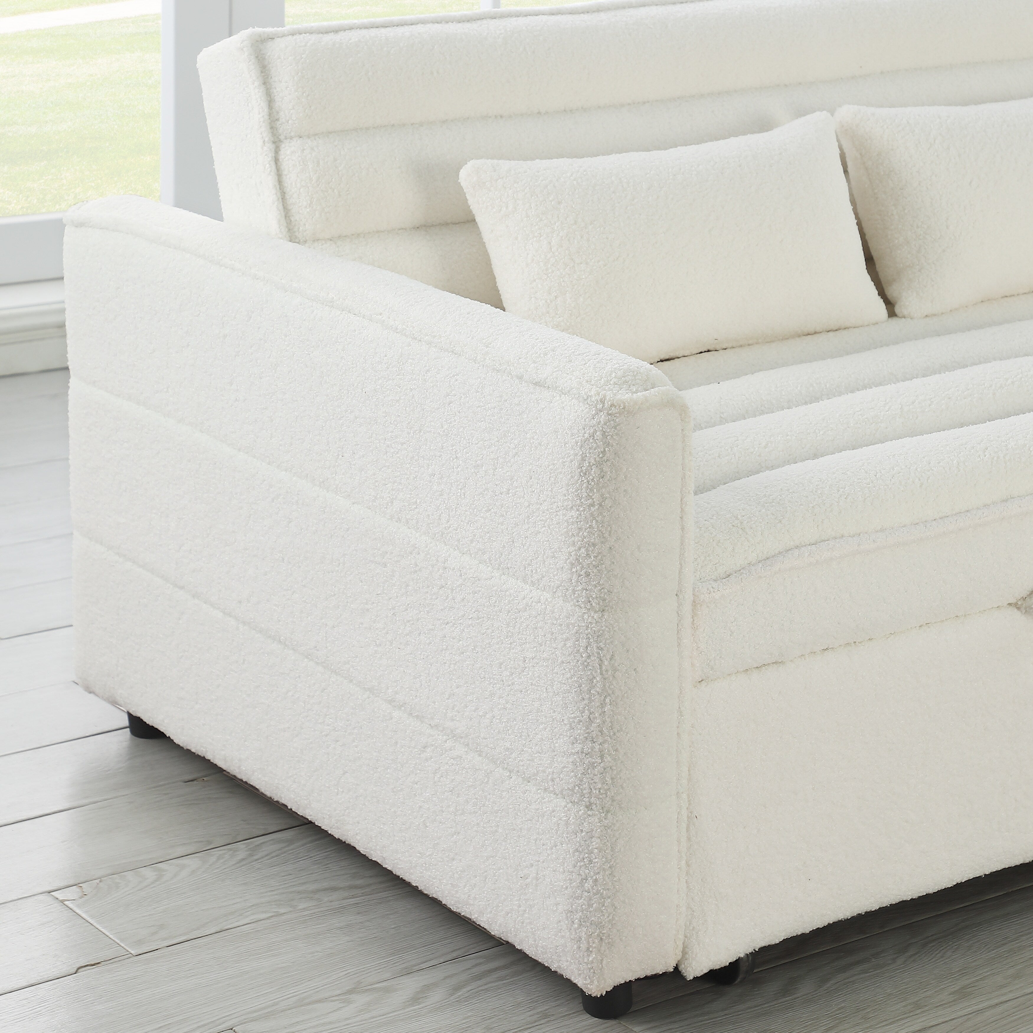 Beige 55.12 Boucle Loveseat Convertible Pull-Out Sofa Bed with Adjustable Back and 2 Waist Pillows for Living Room