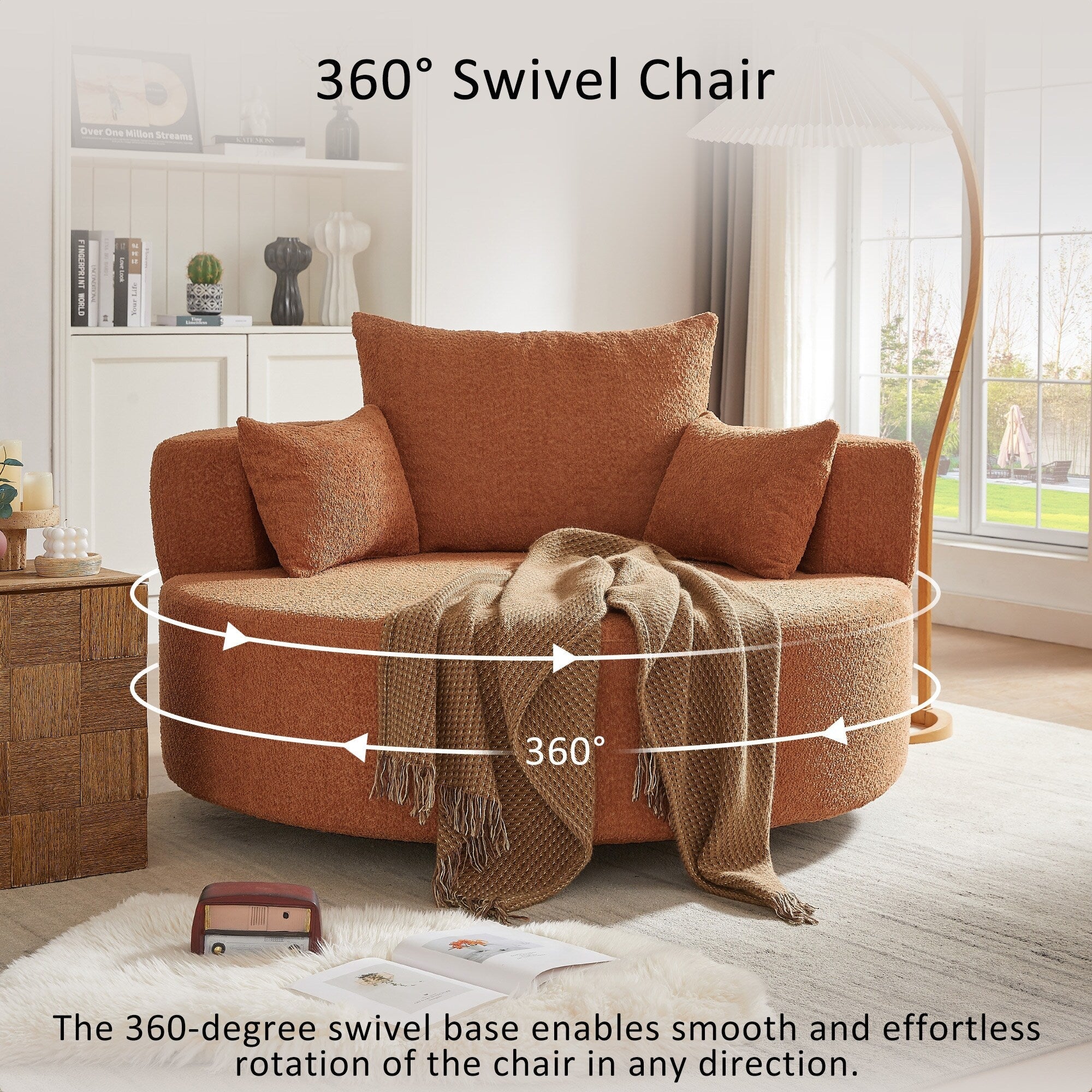 Chenille Accent Barrel Chair Lounge Chair, Round Sofa Chair Armchair with 360-Degree Swivel Base and 3 Removable Pillows