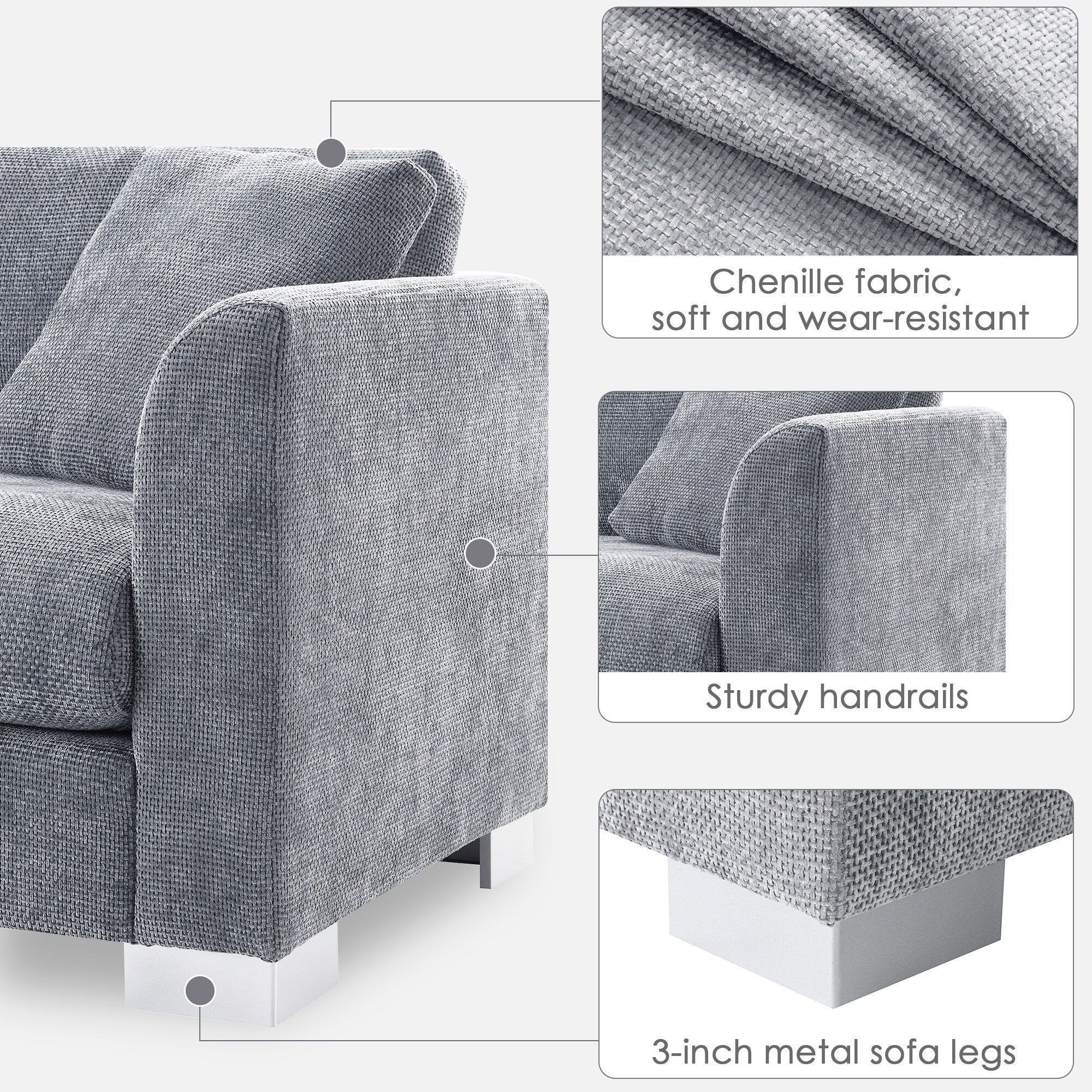 Cloud Sectional Sofa,L-Shaped Luxury Couch Set With 2 Free Pillows,4-Seat Chenille Indoor Furniture With Oversized Chaise