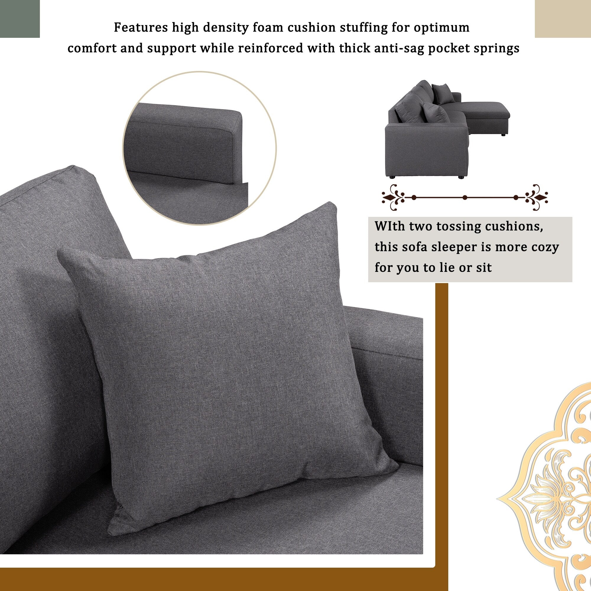 Convertible L-Shaped Sectional Sofa with Pull-Out Bed and Storage Space, 2 Tossing Cushions