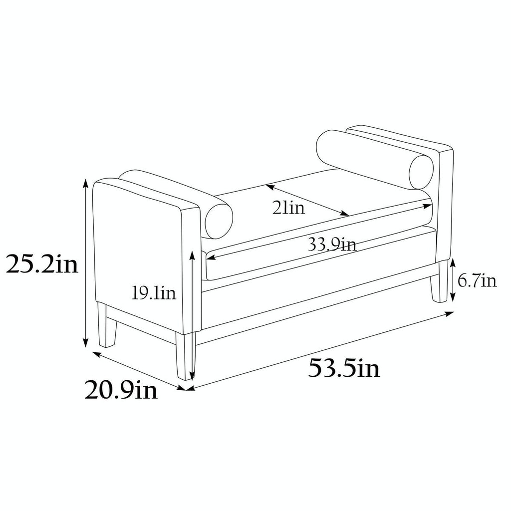 Elegant 53.5 Upholstered Ottoman Bench with Wood Legs & Bolster Pillows