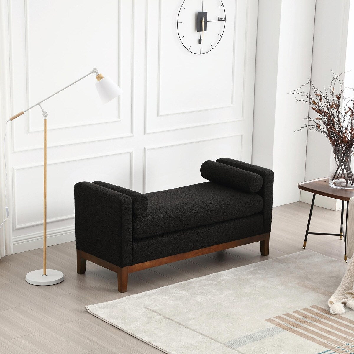 Elegant 53.5 Upholstered Ottoman Bench with Wood Legs & Bolster Pillows