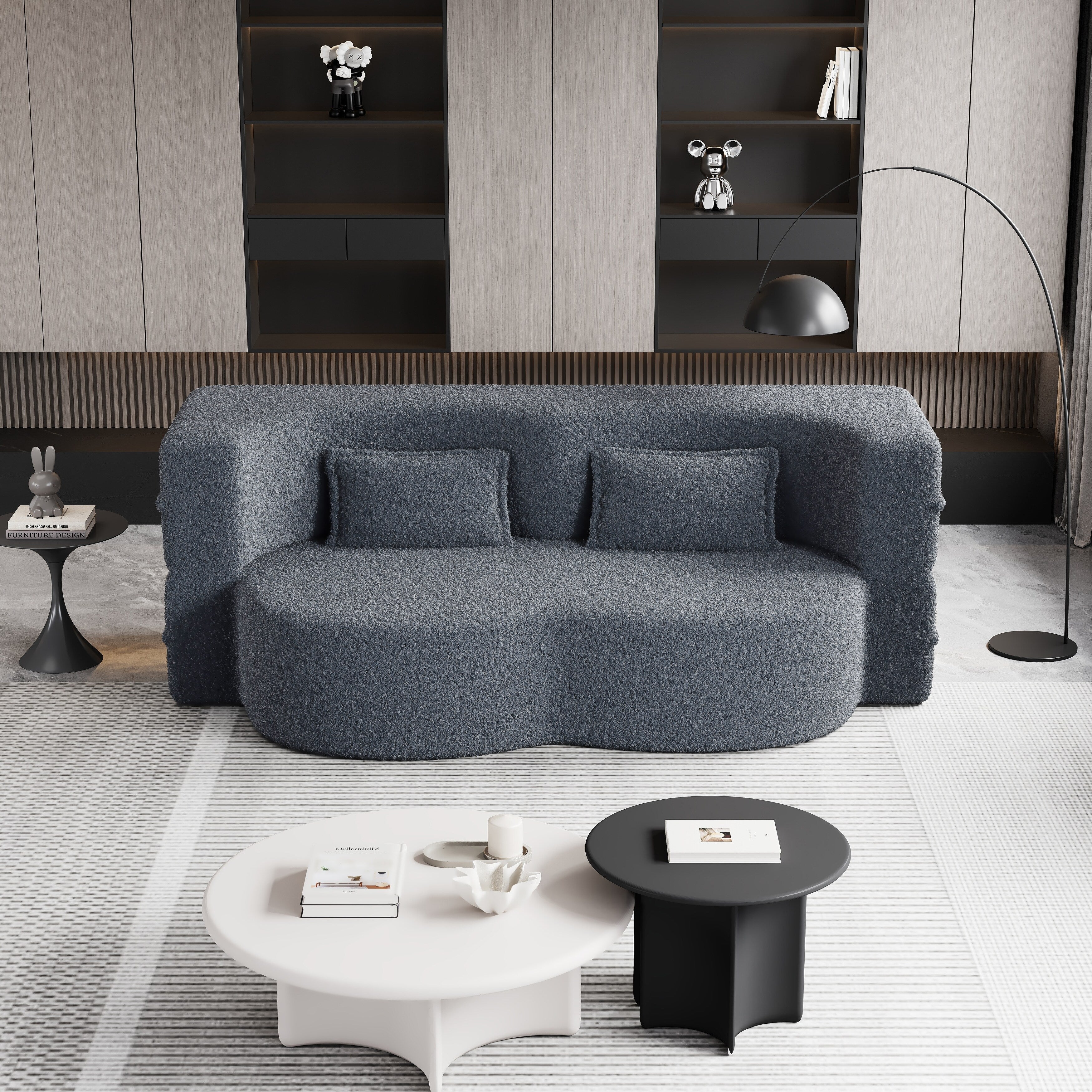 Grey 78 Convertible Teddy Fabric Loveseat Foam-Filled Floor Sofa Bed with 2 Pillows and Folding Mattress for Living Room