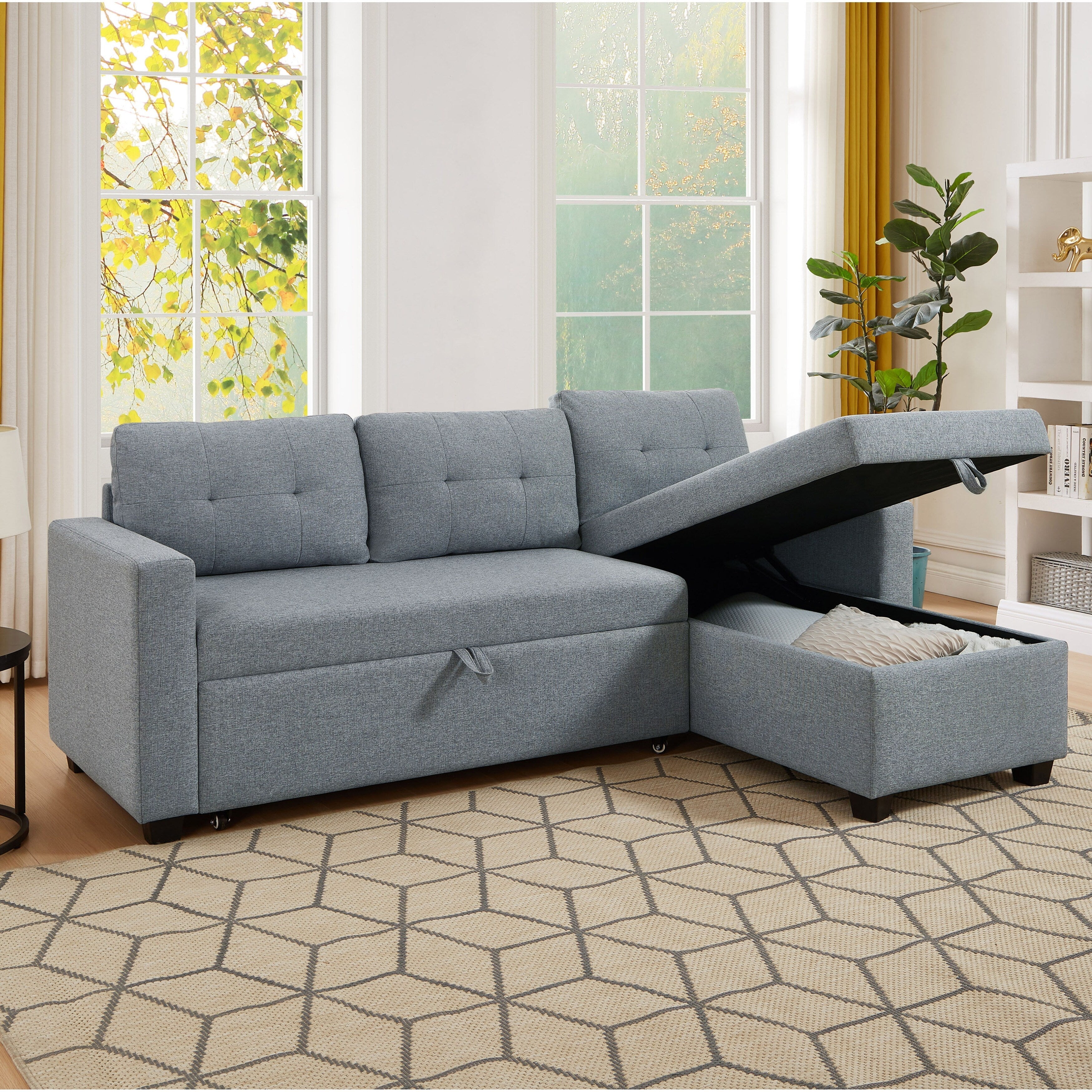 Grey 81.5'' Linen Convertible Sleeper Sofa with Reversible Storage Chaise
