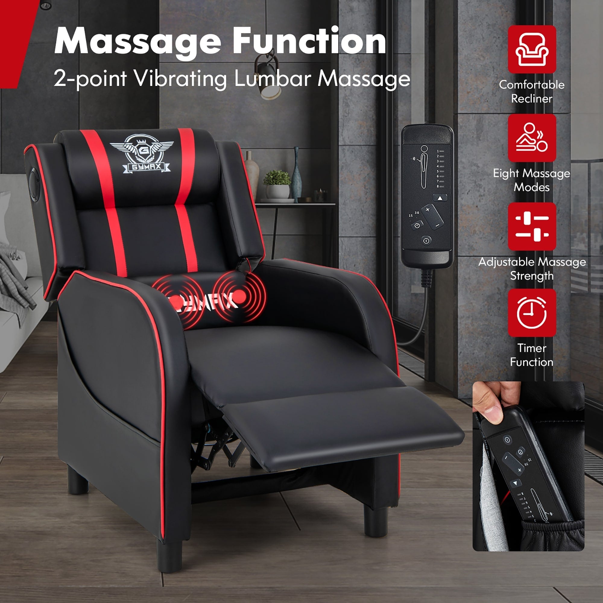 Gymax Massage Gaming Recliner Chair PU Leather Single Recliner Sofa