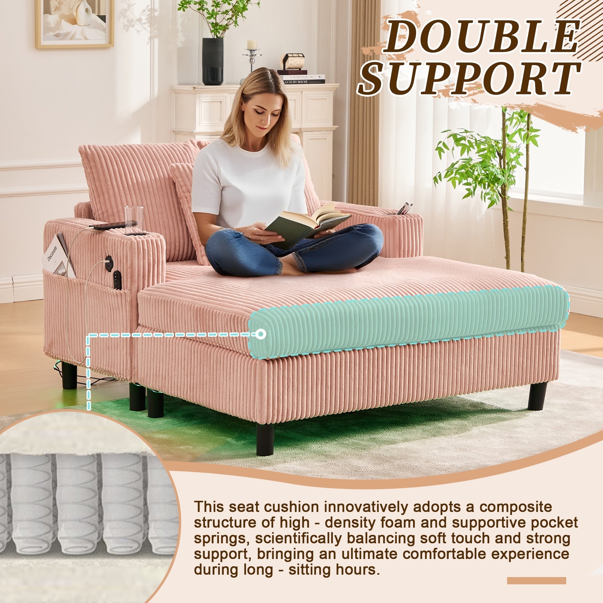 HOMEFUN Corduroy Upholstered Oversized RGB LED Light Recliner Sofa Bed with Cup Holder,USB&3 Pillows