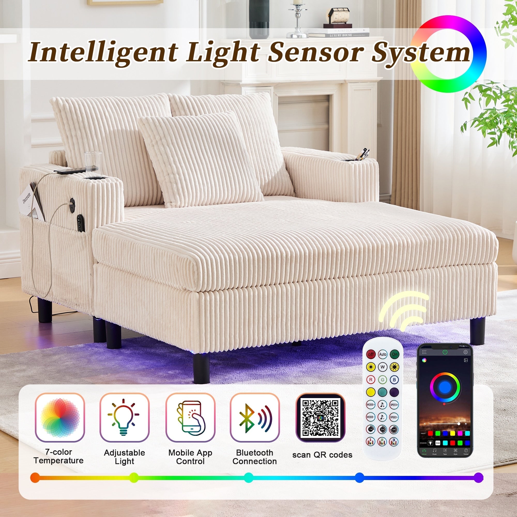 HOMEFUN Corduroy Upholstered Oversized RGB LED Light Recliner Sofa Bed with Cup Holder,USB&3 Pillows