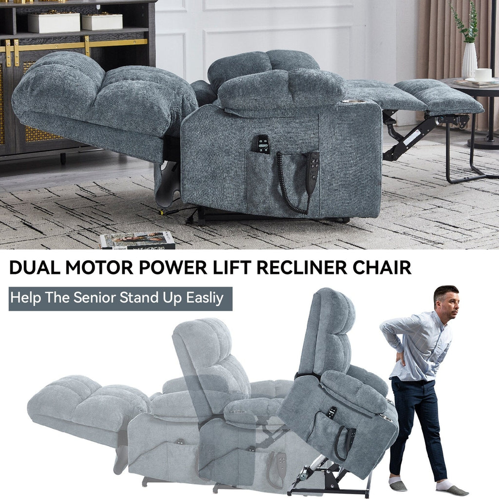 Lazy Boy Dual Motor Chenille Power Lift Recliner w/Massage and Lumbar Heating, Dual Cup Holders, Grey-Blue