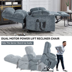 Lazy Boy Dual Motor Chenille Power Lift Recliner w/Massage and Lumbar Heating, Dual Cup Holders, Grey-Blue