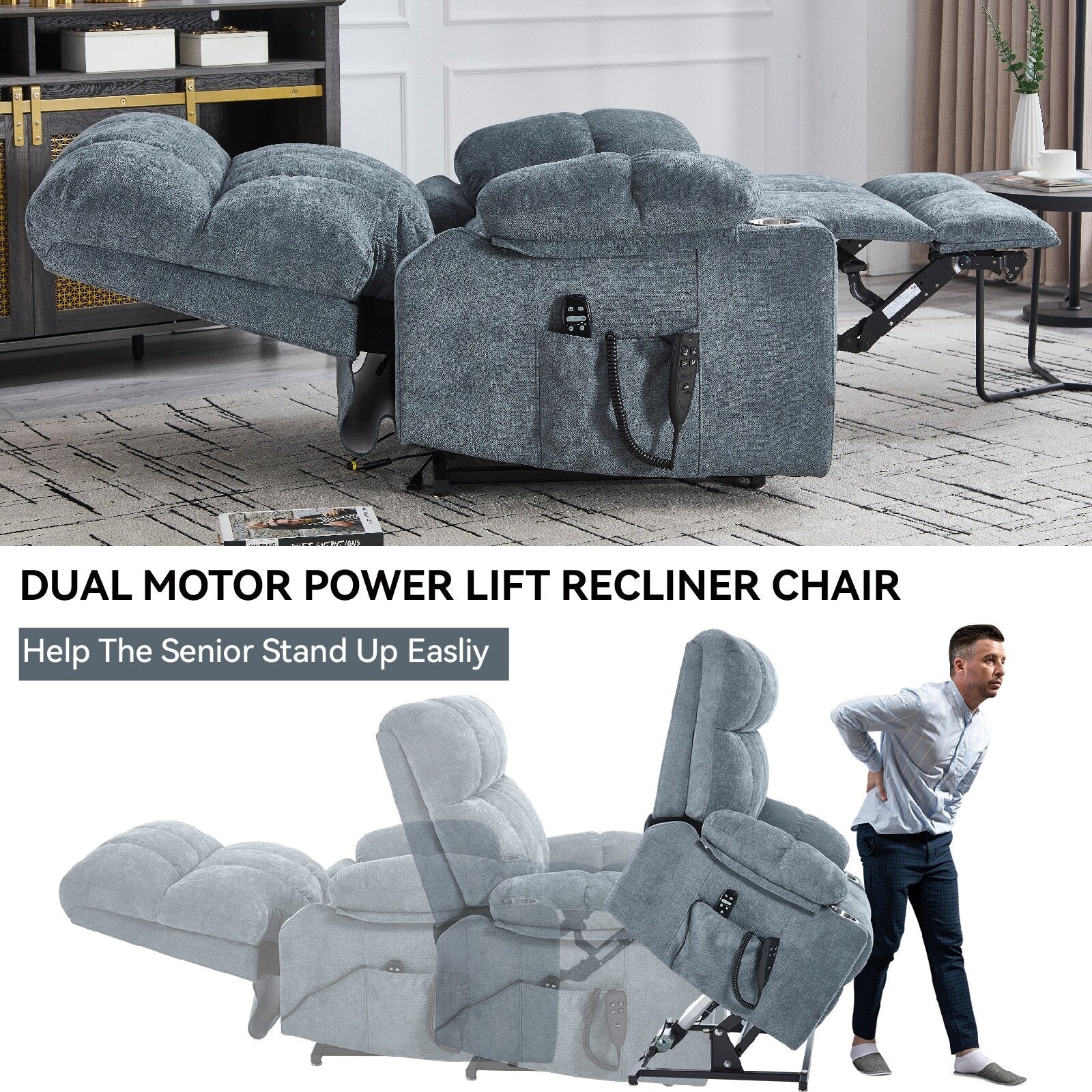 Lazy Boy Dual Motor Chenille Power Lift Recliner w/Massage and Lumbar Heating, Dual Cup Holders, Grey-Blue