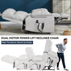 Lazy Boy Dual Motor Chenille Power Lift Recliner w/Massage and Lumbar Heating, Dual Cup Holders, Grey-Blue