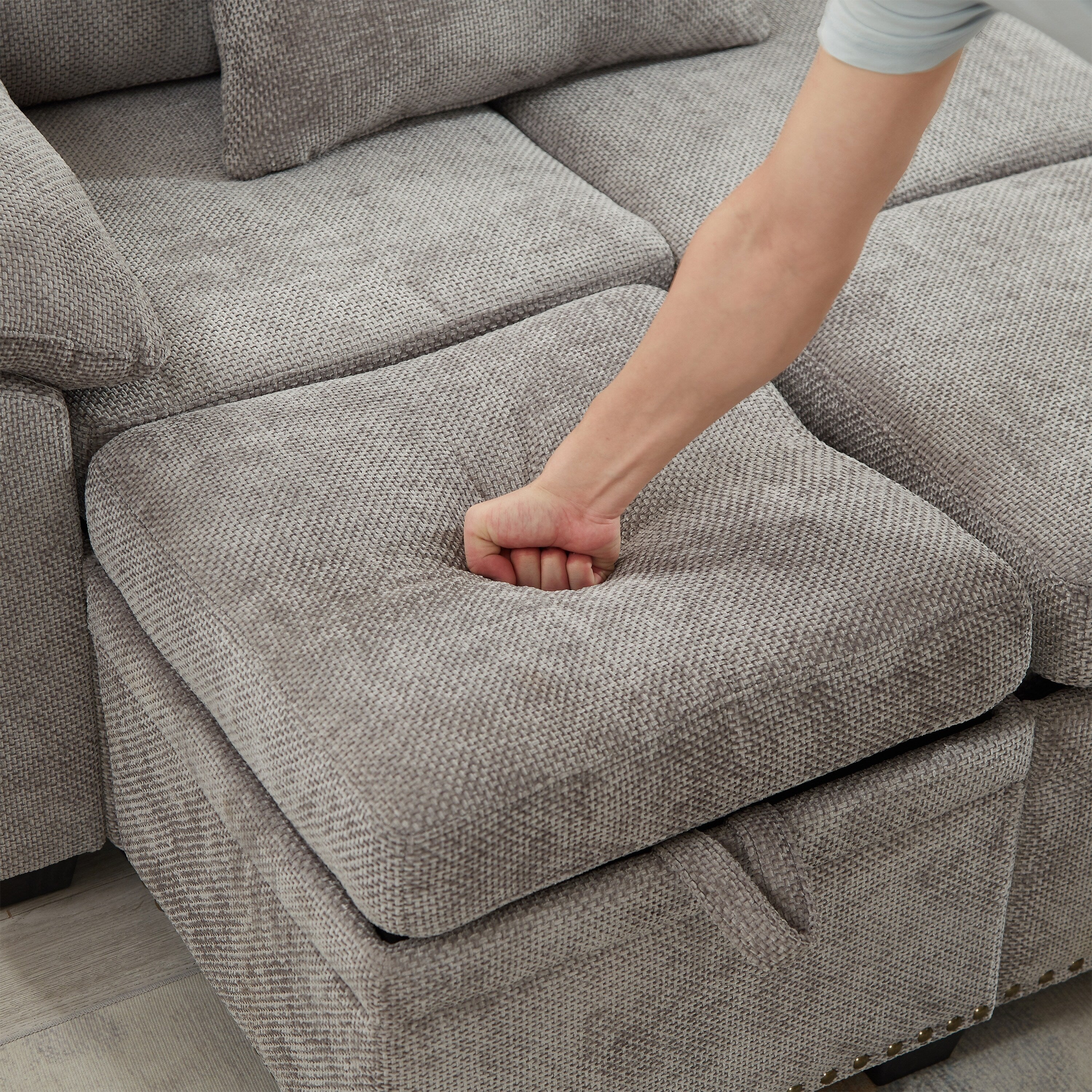 Modern L-Shaped Chenille Sectional Sofa with Pull-Out Sleeper, Storage Seats, Ottoman and 2 Pillows for Living Room