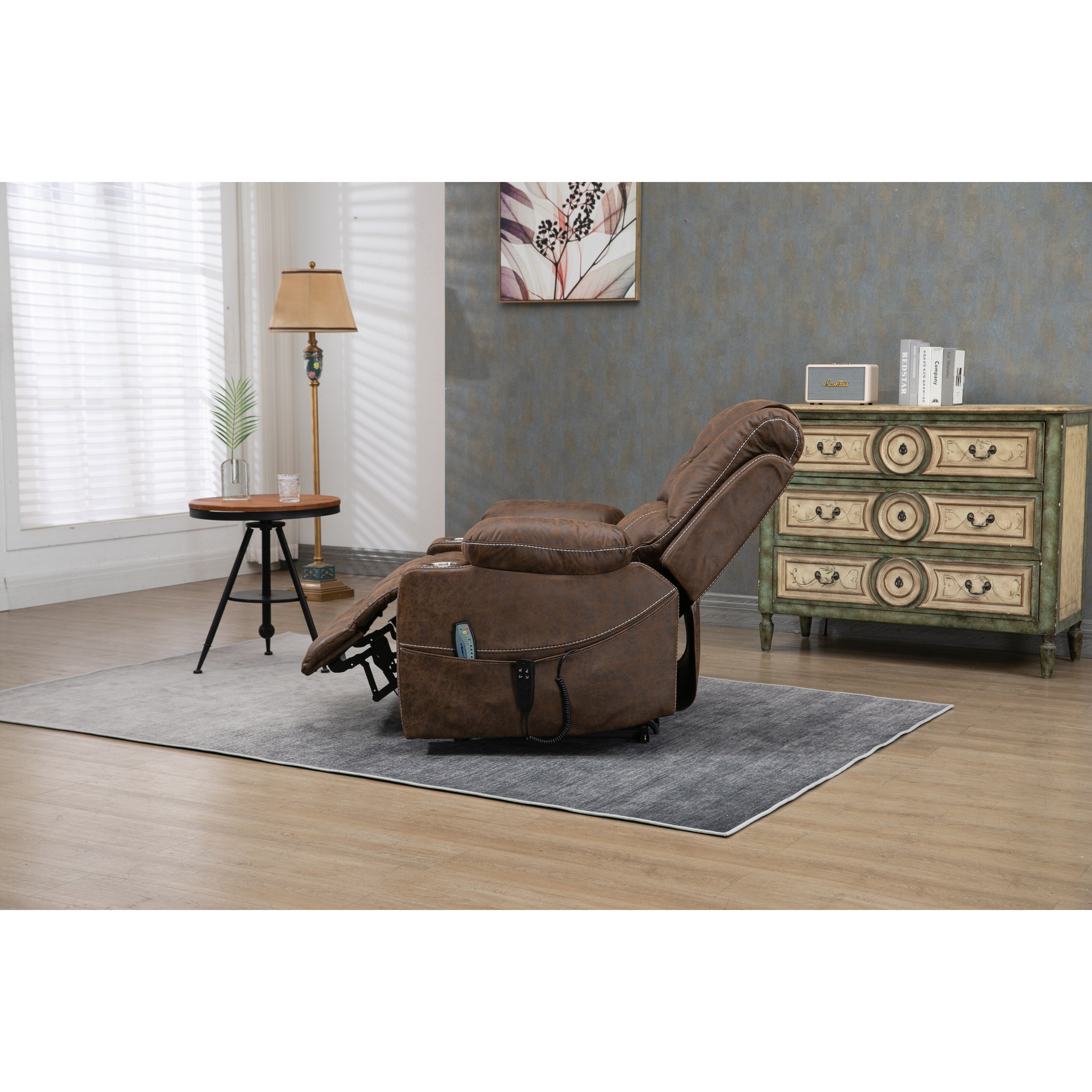 Oversized PU Leather Power Lift Recliner with Massage, Lumbar Heating, Cup Holder, 180¡ã Flat Lay