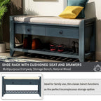 Shoe Rack with Cushioned Seat and Drawers, Multipurpose Storage Bench, Antique Navy - 39L x 14W x 19.8H