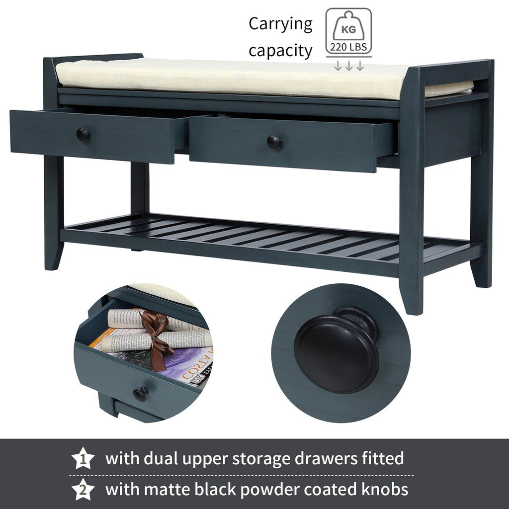 Shoe Rack with Cushioned Seat and Drawers, Multipurpose Storage Bench, Antique Navy - 39L x 14W x 19.8H