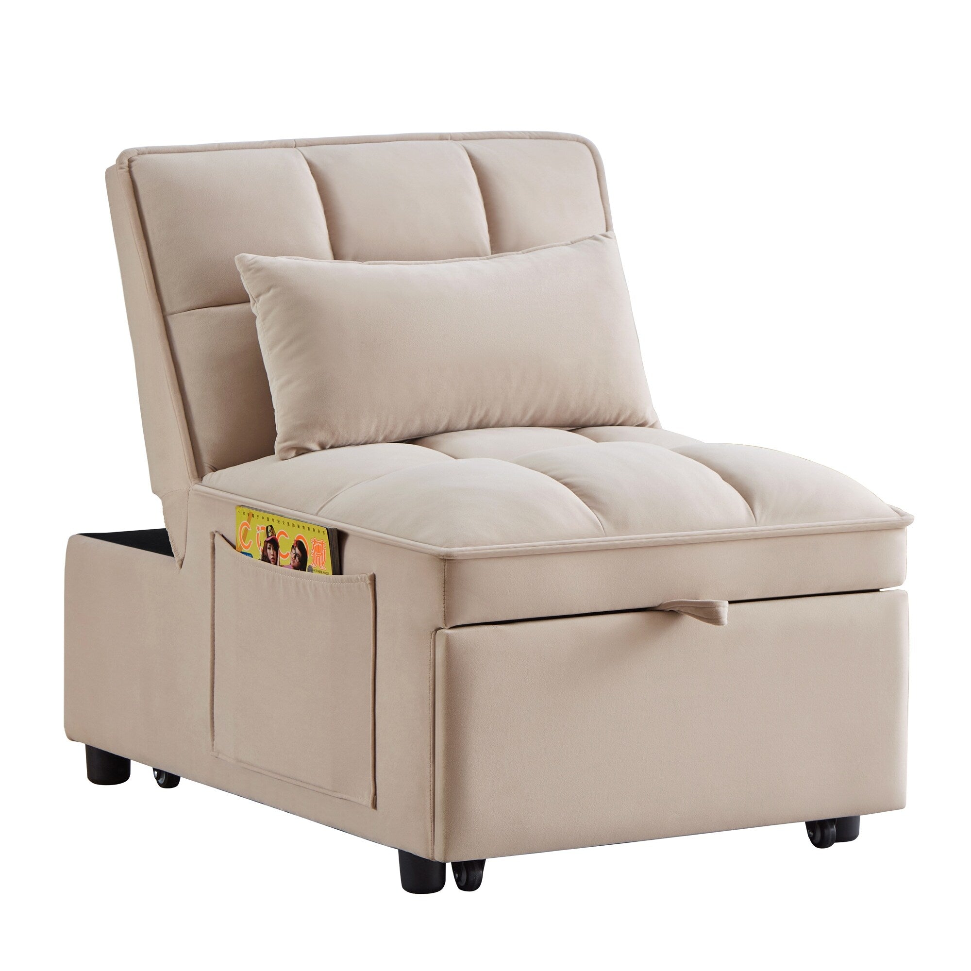 Taupe 68.5 Velvet Single Folding Sofa Bed with Adjustable Backrest and Pillows for Living Room